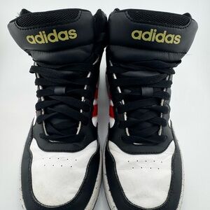 Adidas Black White Red High-Tops with Gold Accents